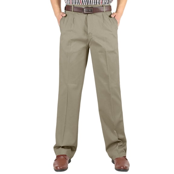 Mens Cotton Dress High Waist Pants Straight Fit Pleated Slacks Office Trousers Formal Business Trousers(Khaki,32)