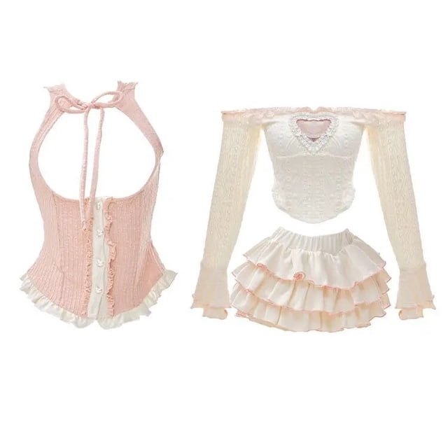 Japanese Style Kawaii Clothing 3 Piece Skirts Set Women Bodycon Slim Even Party Clothing 2023 Autumn Lolita Suits Y2k Crop Tops