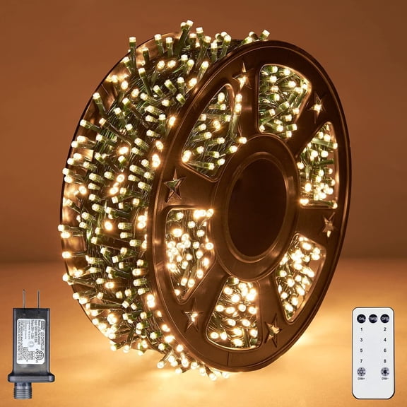 WJSP Christmas Lights Outdoor 330FT 1000 LED String Lights with Reel, 8 Modes Timer Remote, UL Listed, Green Wire