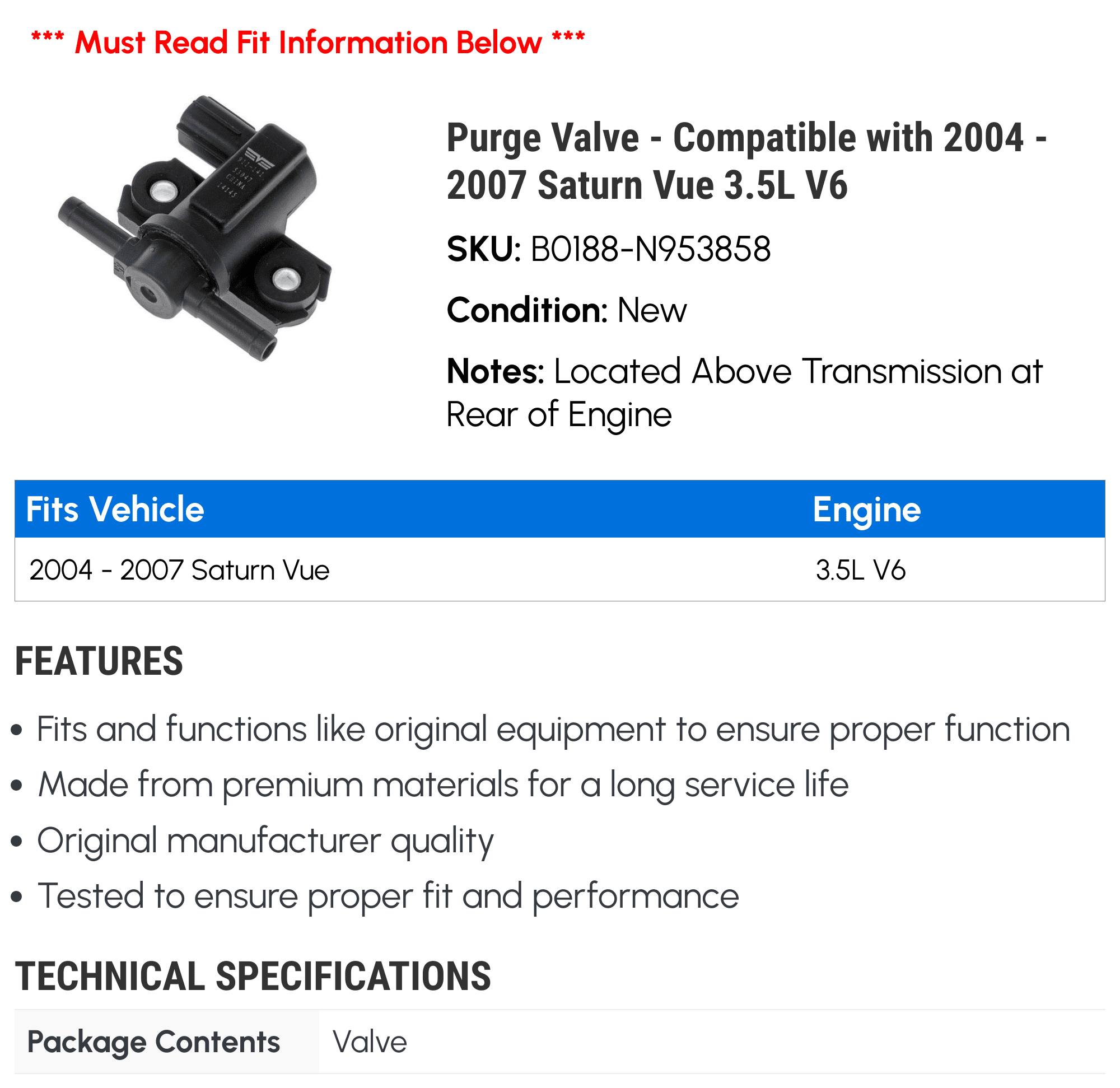 Purge Valve - Compatible with 2004 - 2007 Saturn Vue 3.5L V6 2005 2006