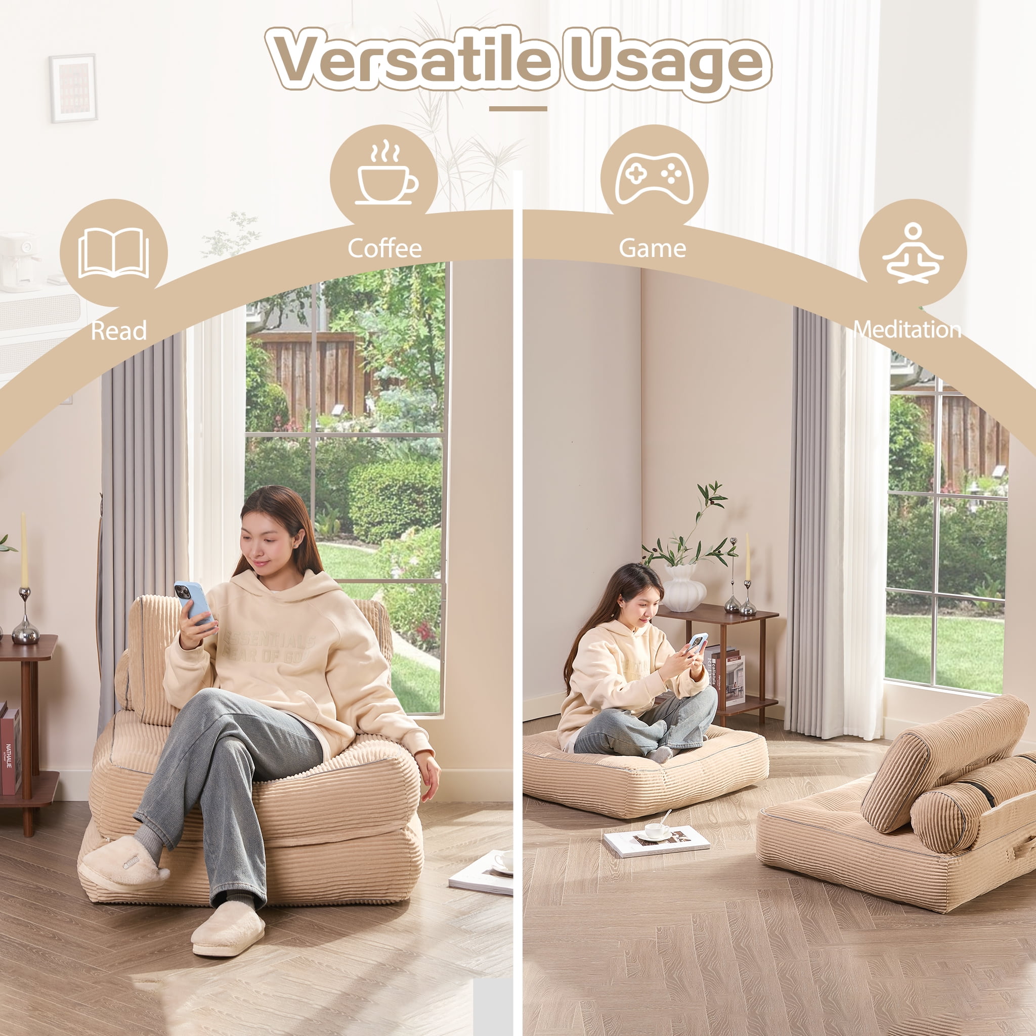 LAKPS Convertible Floor Sofa Bed, Corduroy Modular Lounge Chair with Backrest & Pillow, Folding Tatami Sofa Sleeper for Living Room, Bedroom, Dorm, Camel