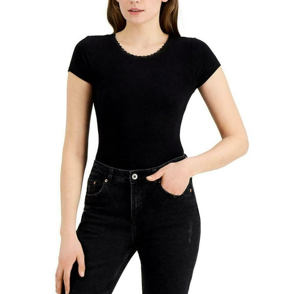 Self Esteem Juniors' Rib-Knit Lace-Trim Bodysuit Black Short Sleeve Size XL