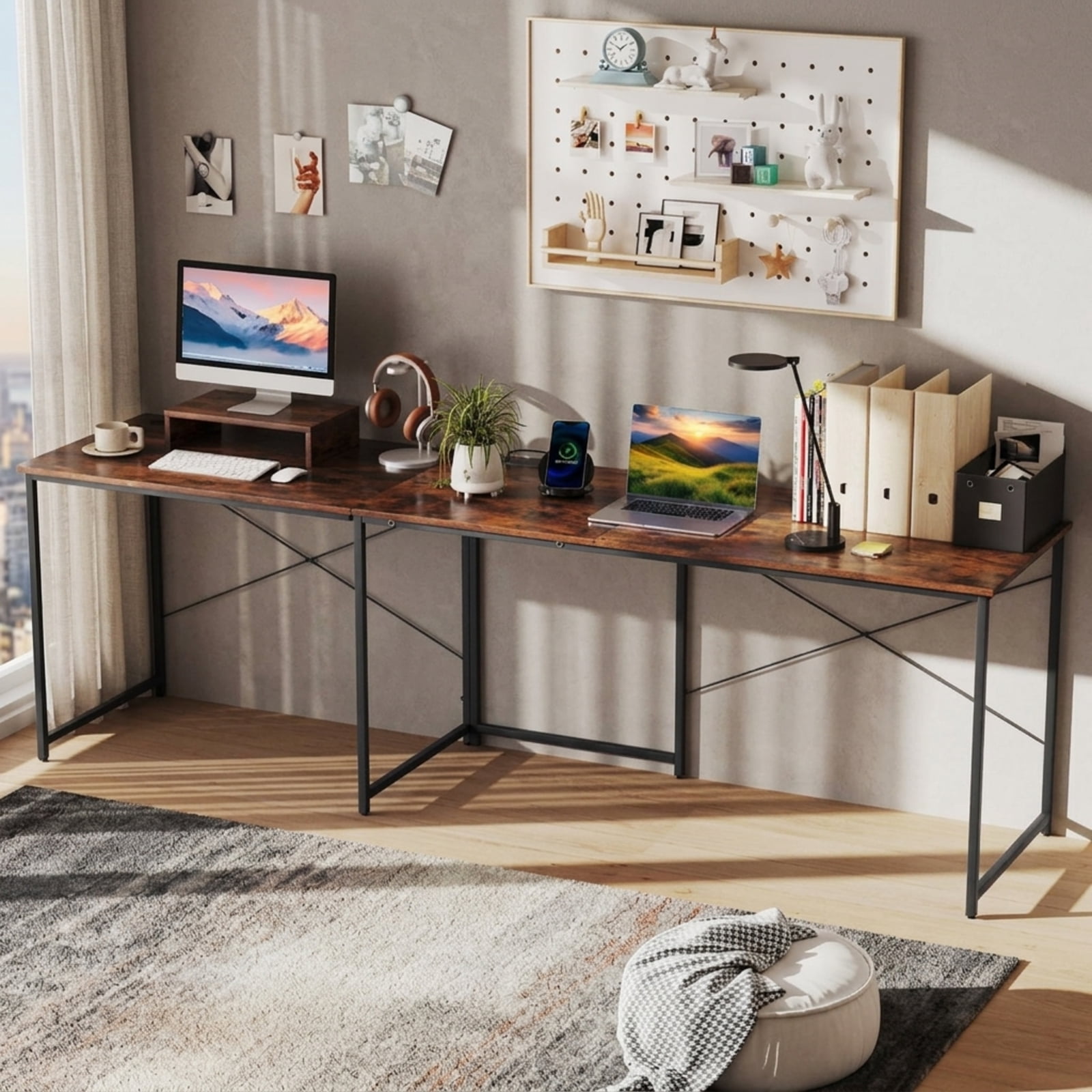 Furnibear 95 Inch 2-Person L-Shaped Reversible Computer Desk with Monitor Stand and Cable Holes for Home Office and Study, Rustic Brown