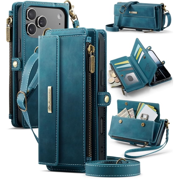 Wallet Case for iPhone 17 Pro – RFID Blocking PU Leather Phone Case with Card Holder, Zipper Pocket, Kickstand, Magnetic Closure, Shoulder & Wrist Strap