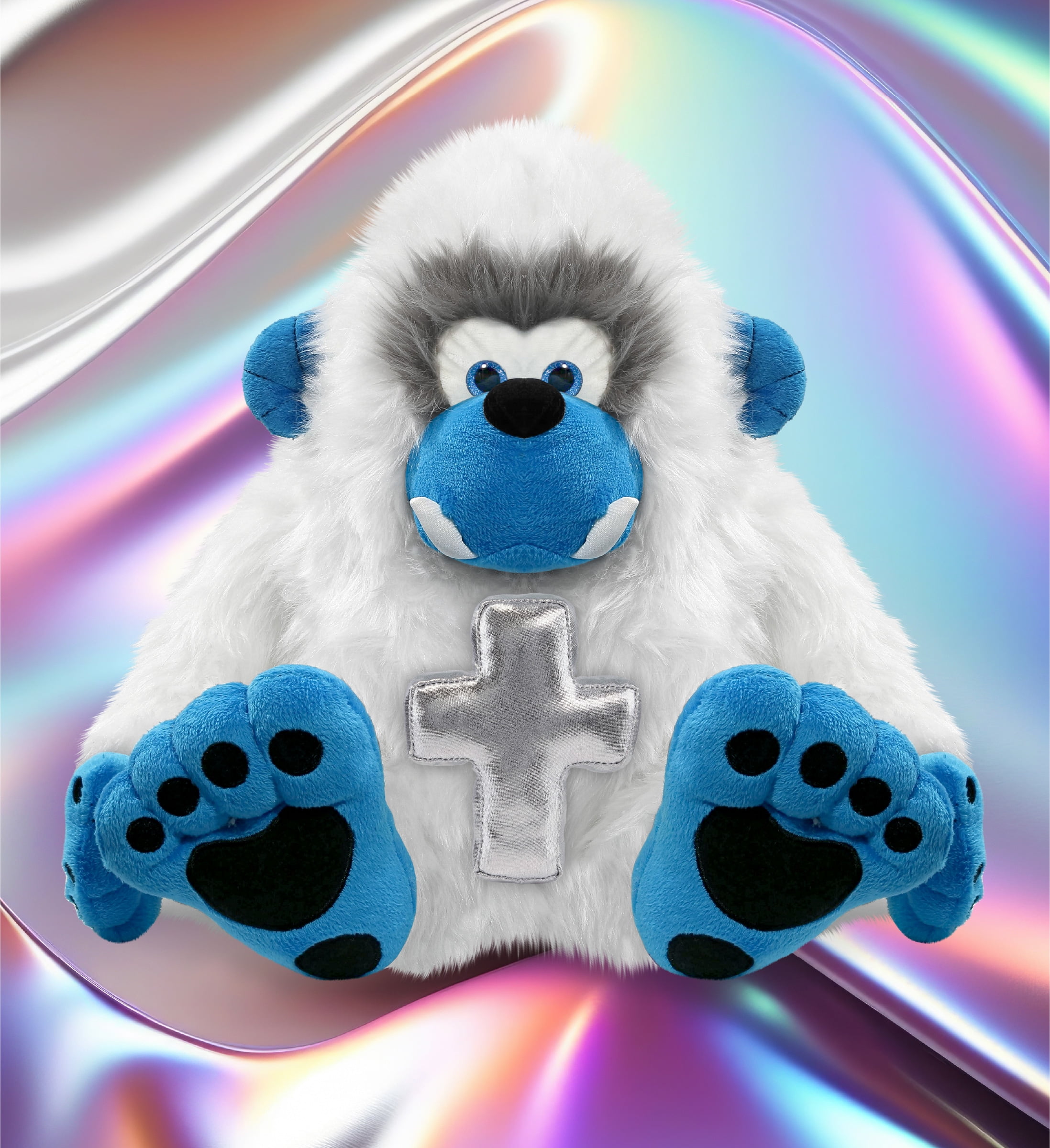 DolliBu Super Soft Yeti Stuffed Animal with Silver Cross Plush - Religious Baptism Gifts for Boys and Girls, Dedication Christening Gifts Plush Prayer Toy Healing Stuffed Animal - 12 Inches