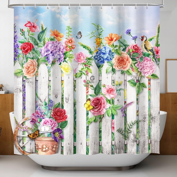 Colorful Flower Shower Curtain Modern Farmhouse Shower Curtains for Bathroom Gray Wood Bird Bathroom Shower Curtain Waterproof Fabric Shower Curtains Set with 12 Hooks 72×72