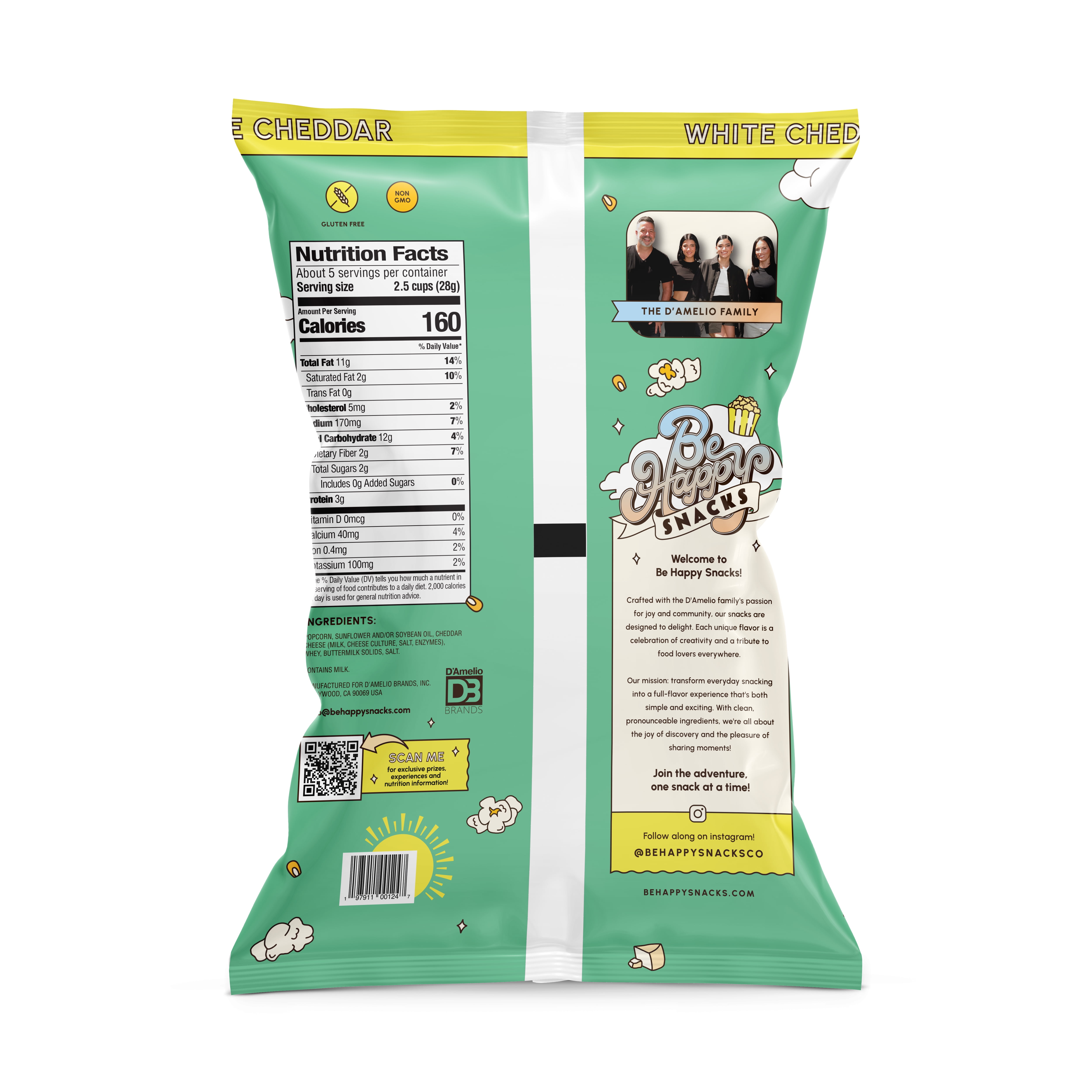 (2 pack) Be Happy Snacks D'Amelio White Cheddar Popcorn, Gluten-Free, 5 oz