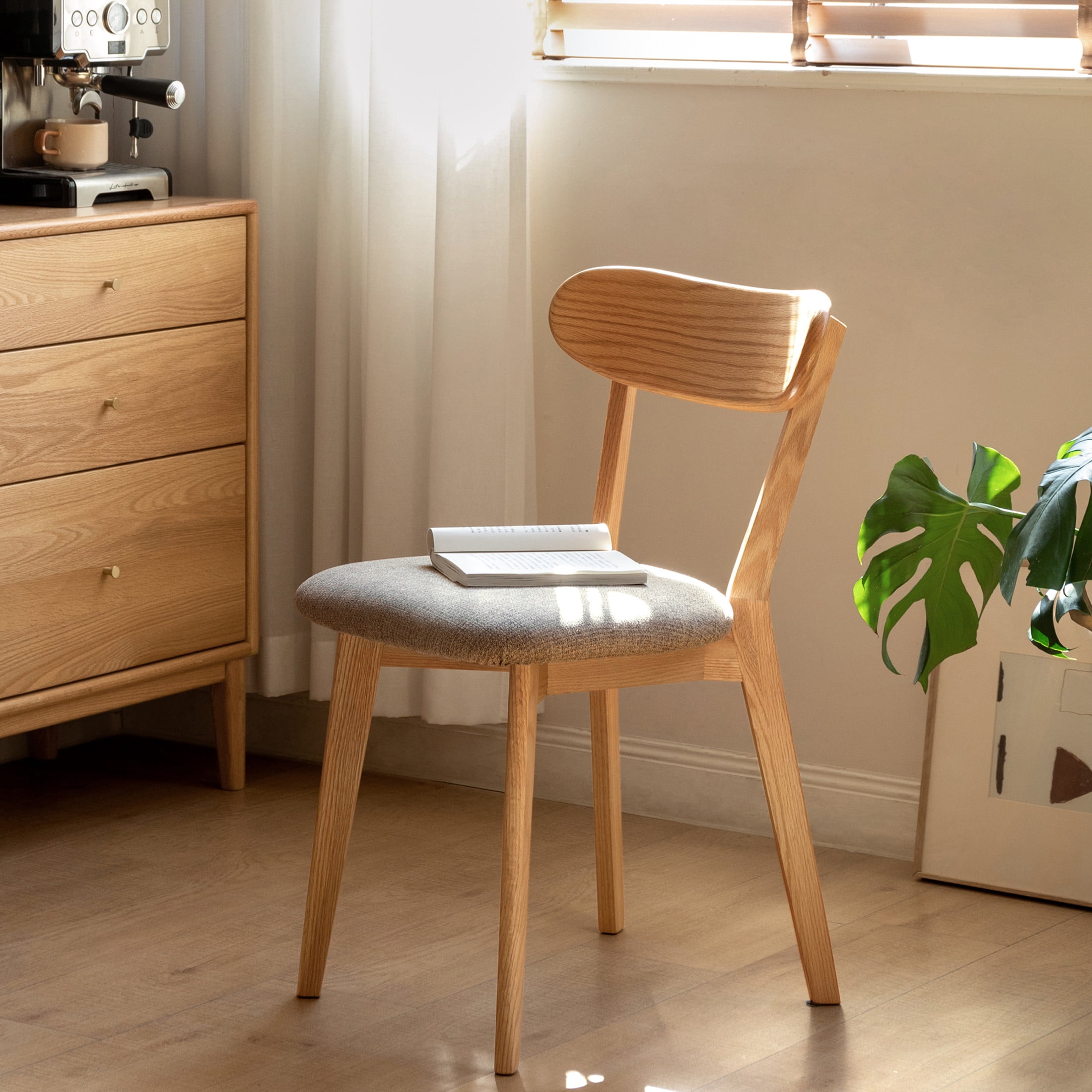 Set of 2 Upholstered Dining Chairs, Solid FAS Grade North American Oak, 100% Natural Dirt-Free Hardwood, Comfortable Wooden Chairs for Dining Table or Living Room, Natural Oak + Pearl White