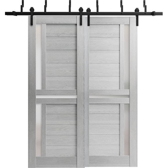 Sliding Closet Double Bi-fold Doors | Quadro 4445 Cognac Oak with Frosted Glass | Sturdy Tracks Moldings Trims Hardware Set | Wood Solid Bedroom Wardrobe Doors