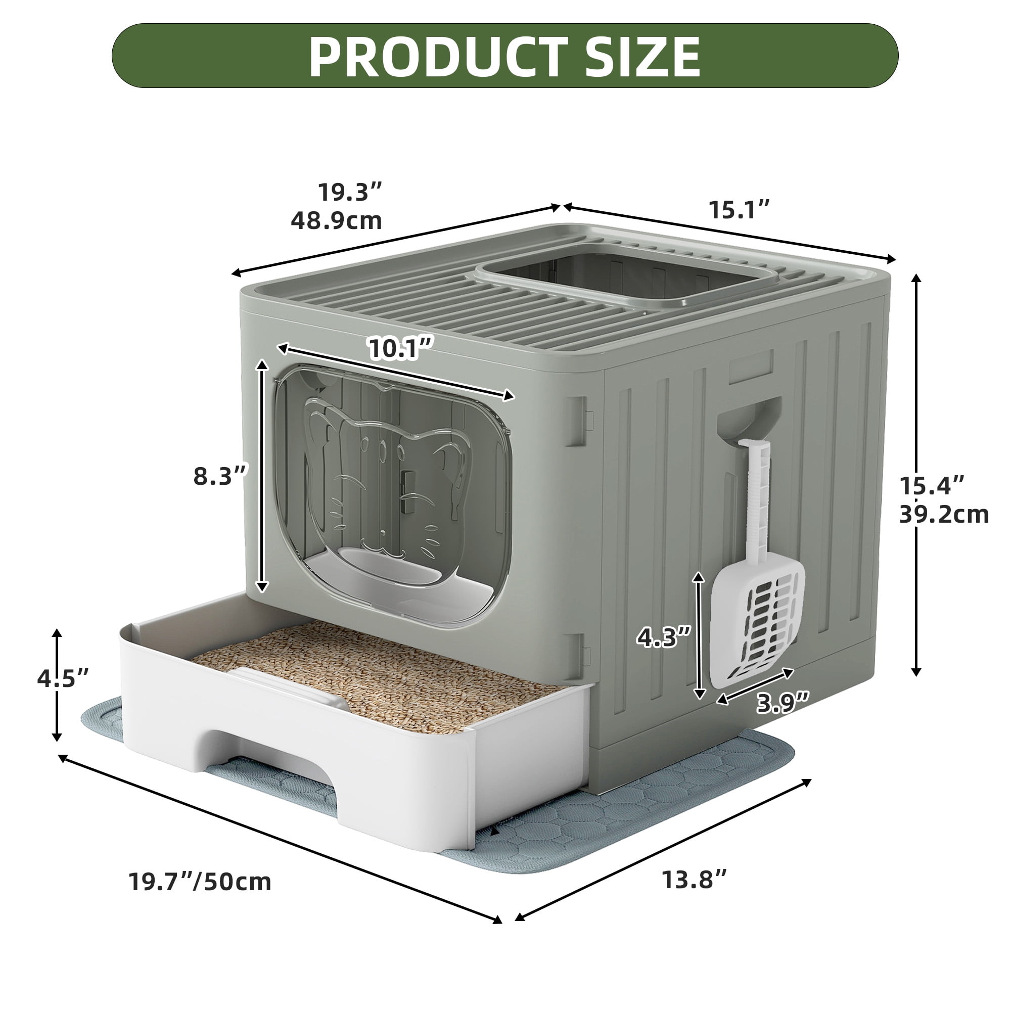 Uforic Large Enclosed Cat Litter Box with Mat and Litter Scoop,Cat Toilet Box with Lid Drawer Type Easy to Clean,Gray