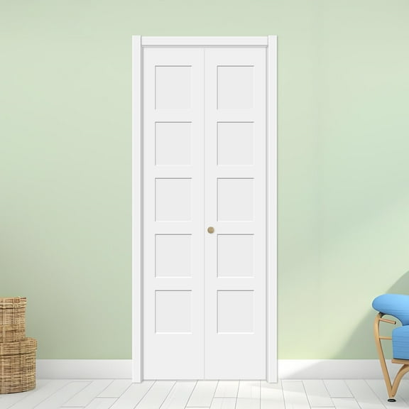 Interior White Primed Shaker 5 panel Solid Wood Core Bifold Closet Doors With Hardware Kit