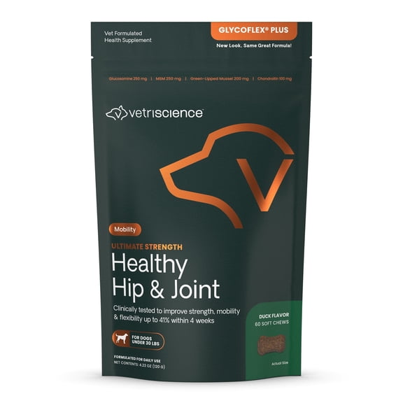 VetriScience Ultimate Strength Healthy Hip & Joint Care Supplement Chew for SM Dog, Duck, 60 Ct Bag