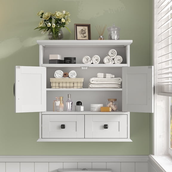 NEGYLIM 24.8" Wall Mounted Bathroom Storage Cabinet, 2 Barn Doors & 2 Silent Drawers, Adjustable Shelf Textured White Unit for Bathroom, Kitchen & Entryway