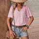 thumbnail image 2 of Blusa de verano holgada con escote en V, manga corta, encaje con ojales y botones para mujer - Rosa coral, 2 of 6