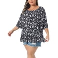 thumbnail image 4 of Agnes Orinda Women's Plus Size Easter Tops Floral Ruffle Hem Crew Neck Off Shoulder Half Sleeve Blouse Summer T-Shirt 2X Black, 4 of 6