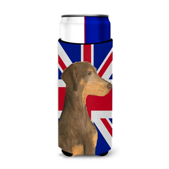 Doberman Natural Ears with English Union Jack British Flag Ultra Hugger for slim cans