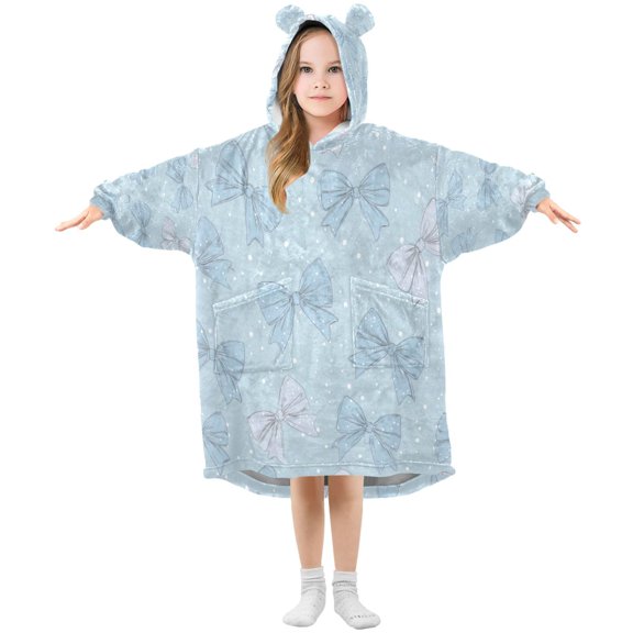 Wearable Blanket with Sleeves and Pocket Oversized Hooded Sweatshirt 3-14 YR Pastel Blue Bows and Dots S