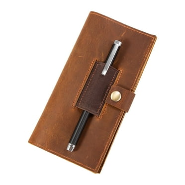 HNYG Brown Leather Checkbook Cover with Pen Holder for Women & Men, Checkbook Holder for Personal Checkbook, Duplicate Checks, 7" x 3.75"
