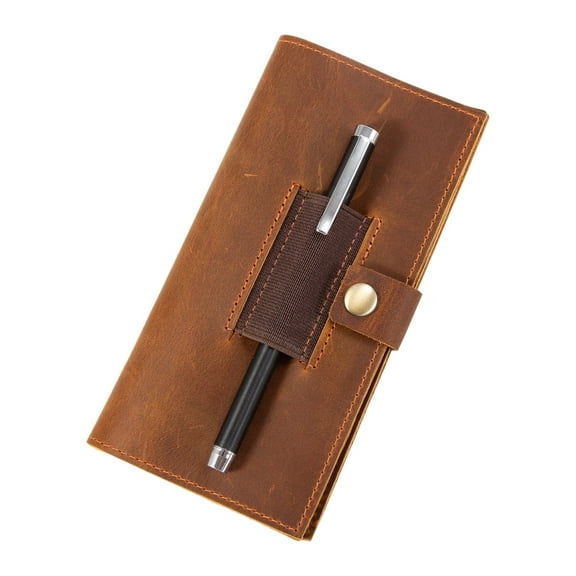 HNYG Brown Leather Checkbook Cover with Pen Holder for Women & Men, Checkbook Holder for Personal Checkbook, Duplicate Checks, 7" x 3.75"