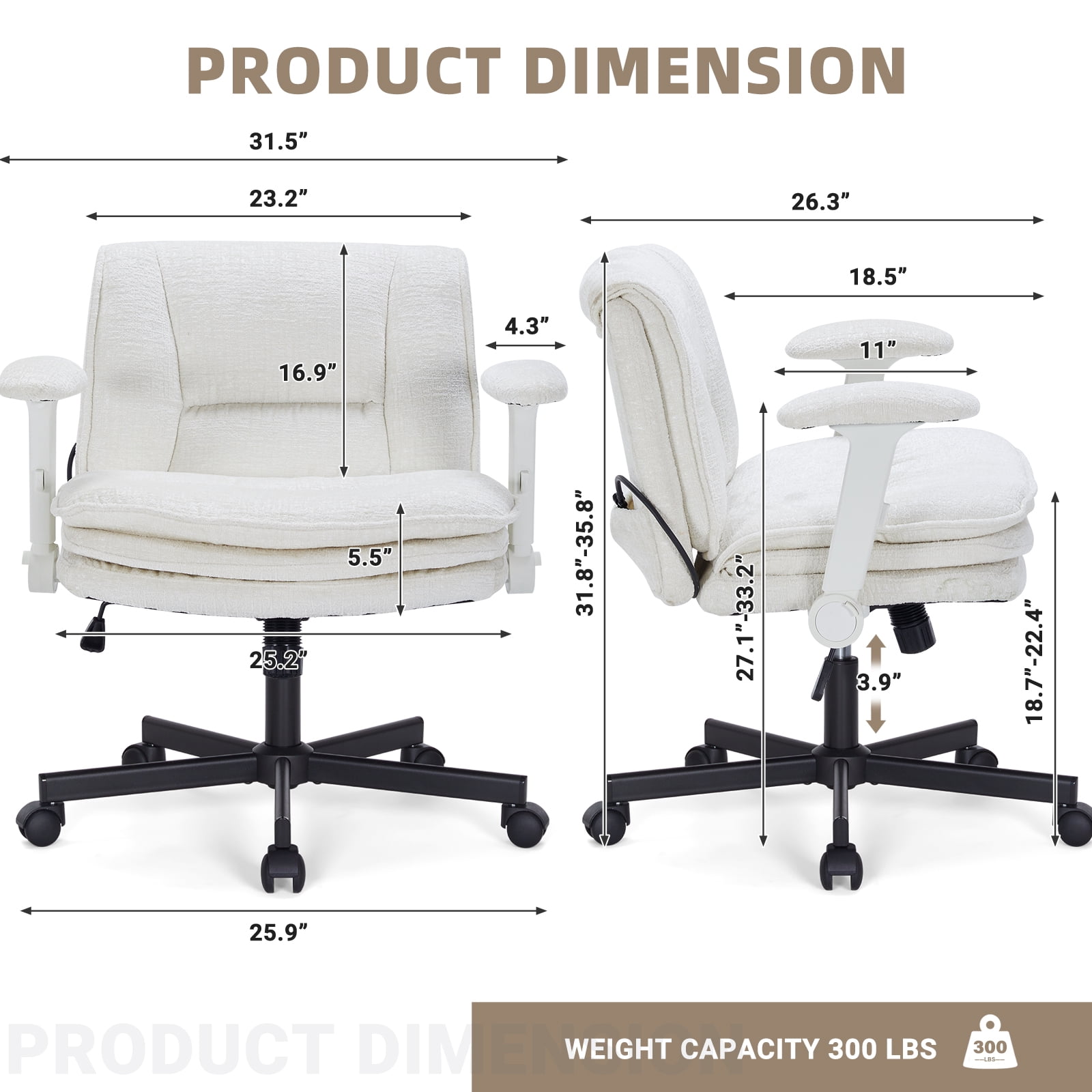 Criss Cross Legged Office Chair with Wide 3 Layer Cushions, Ergonomic Criss Cross Desk Chair with Dynamic Lumbar Support and Flip-up Arms, Mid Back Fabric Swivel Vanity Chair for Work, Study, Leisure