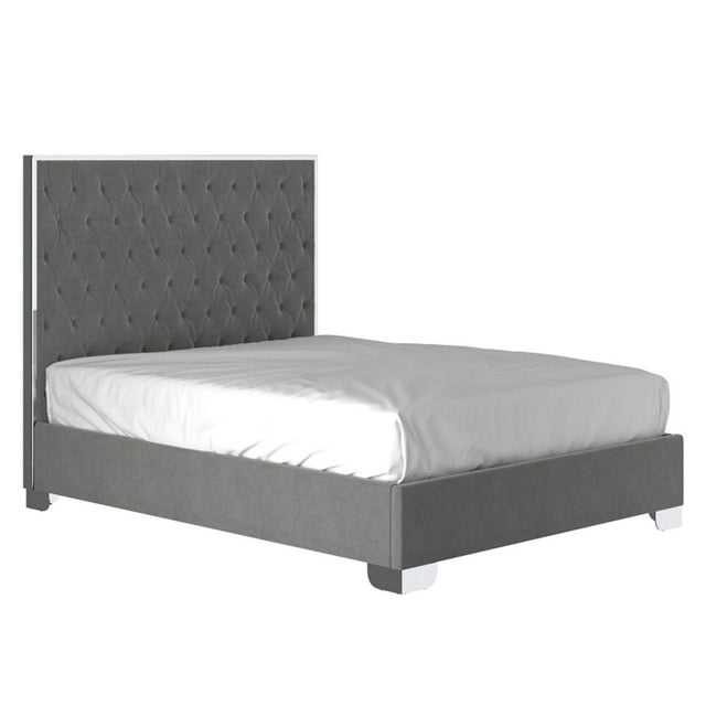 Contemporary 60-inch queen bed with grey velvet tufted headboard and frame, accented by silver metal details on legs and edges.