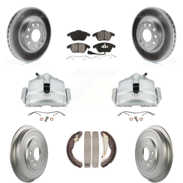 Transit Auto Front Rear Disc Brake Caliper Coated Rotors Drums Semi-Metallic Pads Kit (8Pc) for Car Volkswagen Jetta with 288mm Diameter Rotor KCG-100382S