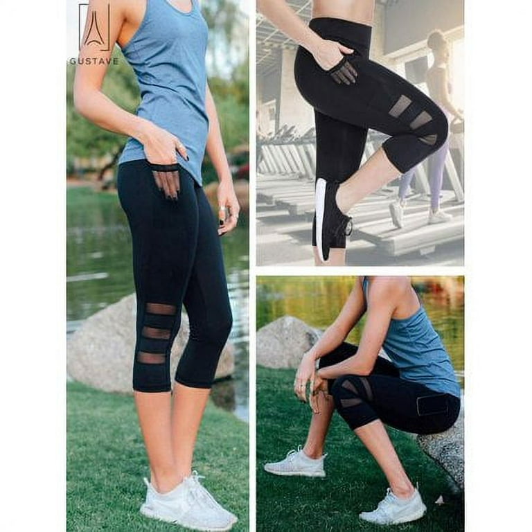 Gustave Women's High Waist Mesh Yoga Pants Capris Tummy Control Running  Workout Leggings Athletic Capri Pants with Pockets Black, L