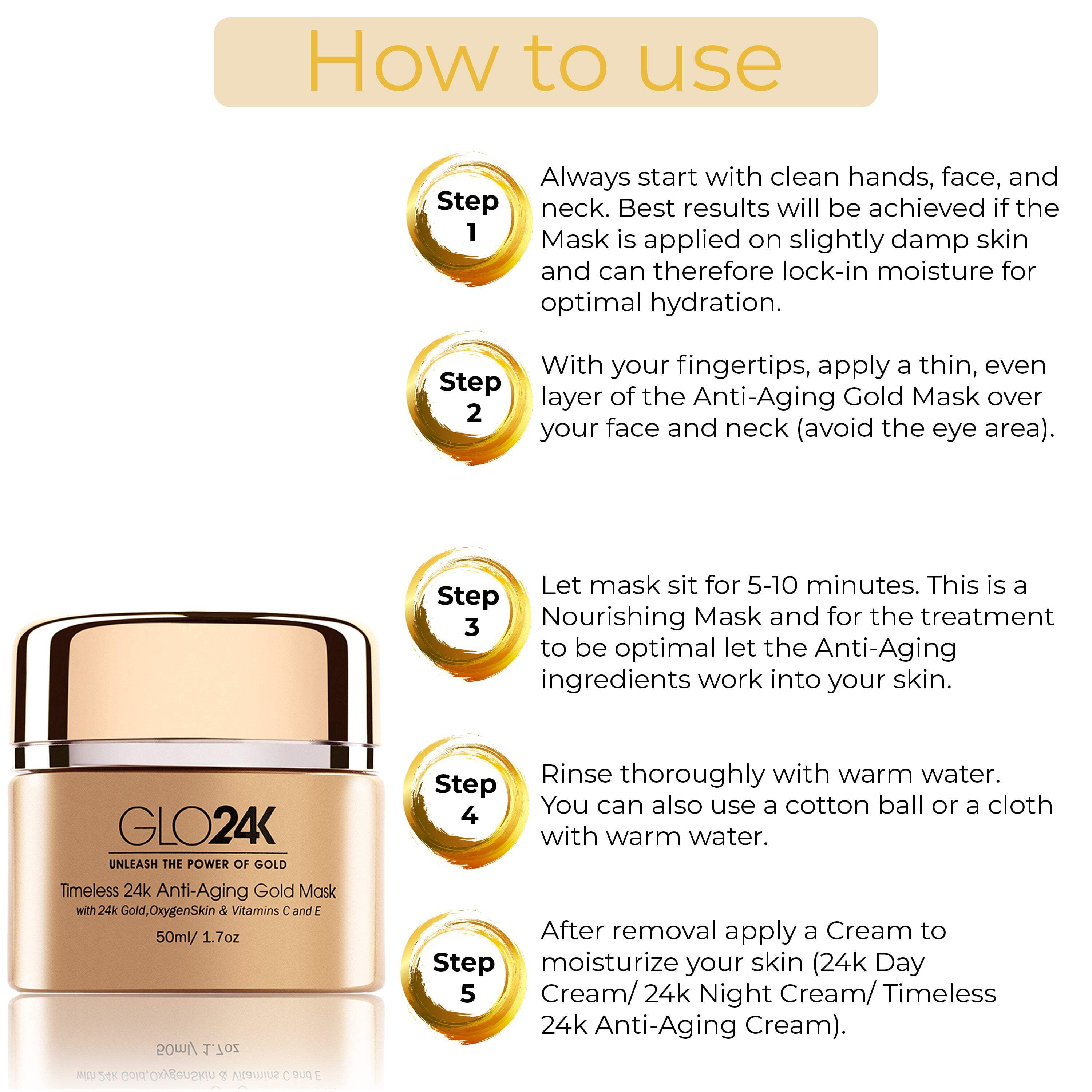 GLO24K Timeless 24k Anti-Aging Gold Mask with 24k Gold,OxygenSkin & Vitamins C and E