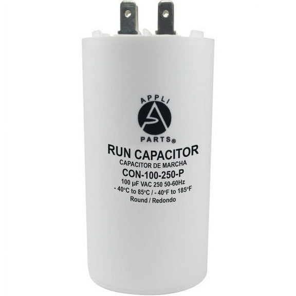 Appli Parts Run Capacitor for electric motors 100 Mfd uF (microfarads) 250VAC Plastic Case with terminals CBB60 Round Universal fit water pumps and others 4-1/2in High 2in Wide CON-100-250-P