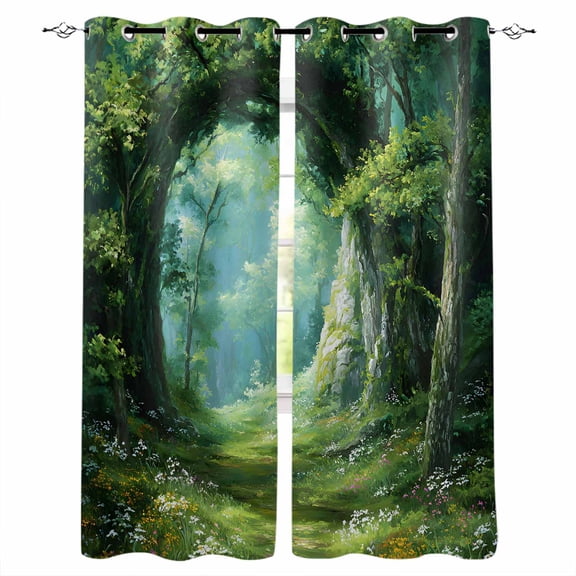 Forest Blackout Curtains for Bedroom/Living Room, Thermal Insulated Kitchen Curtains, Nature Green Tree Spring Scenic Woodland Grommet Darkening Window Treatment Drapes 52"x84"x2