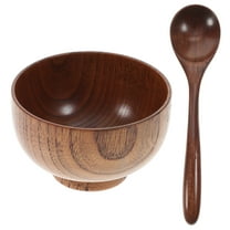 2pcs Bowl and Spoon Set Wooden Rice Bowl Eco Friendly Tableware Food Container for Home and Restaurant