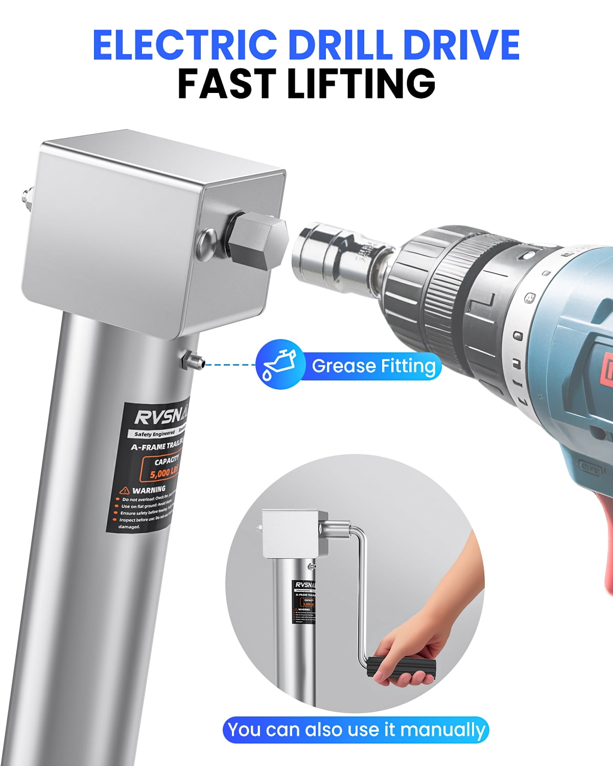 5000 lbs Heavy Duty Trailer Jack, 23" Lift, 20-24V Cordless Drill Compatible, for RV, Boat, Yacht & Utility Trailers, with Manual Crank Handle & Weatherproof Cover, Sliver