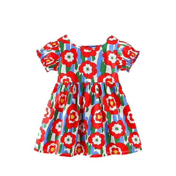 Toddler Girl Dresses Short Puff Sleeve Tie-Dye Print Dress
