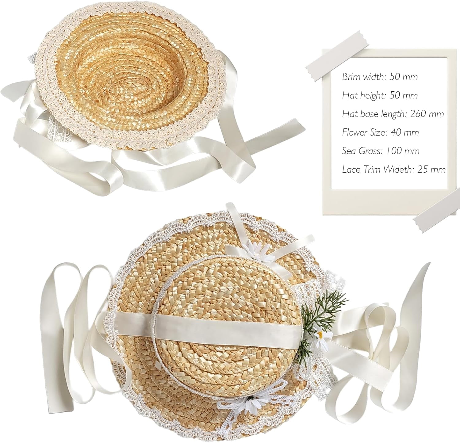 Kukuzhu Girls Women Victorian Tea Party Sun Hat, Lolita Lace Ribbons Straw Flat Hat Wide Brim Flower Bonnet Cap