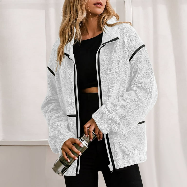 WCMZJ Women's Zip Up Fleece Jacket Long Sleeve Warm Soft Polar Lightweight Coat With Pockets For Winter Stand Collar Casual Oversized Outerwear Dark Blue M