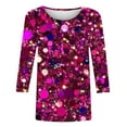 thumbnail image 4 of Royisotas Sequin Womens Plus Tops Hot Pink Casual Summer 3/4 Sleeve Shirts Loose Fit Fashion Blouses Crew Neck TShirts, 4 of 5