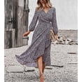 thumbnail image 3 of Vestido de mujer con cuello en V y manga larga, vestido floral con cintura cruzada, vestido de manga larga con vuelo, vestido cruzado de mujer con manga larga, artesanía superior, 3 of 9