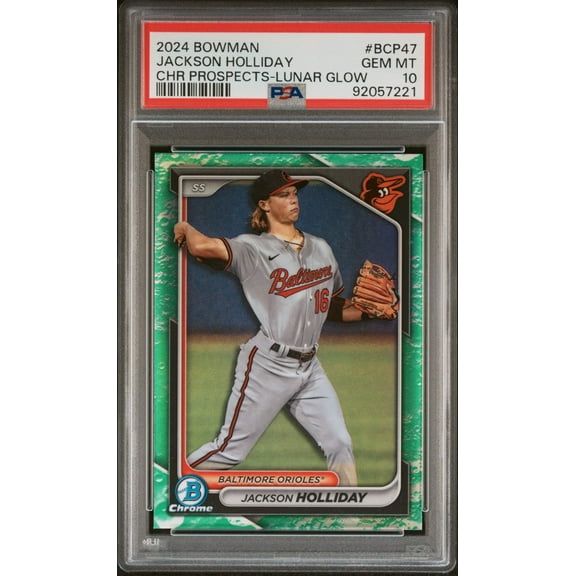 Graded 2024 Topps Bowman Jackson Holliday #BCP47 Chrome Prospects Lunar Glow Rookie RC Baseball Card PSA 10 Gem Mint