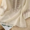 thumbnail image 4 of Beige Tshirts for Women Embroidered Tops for Women Floral Cotton Linen Tunic Tshirt Tee Women 3/4 Sleeve V Neck Button Boho Ethnic Womens Shirts, 4 of 5