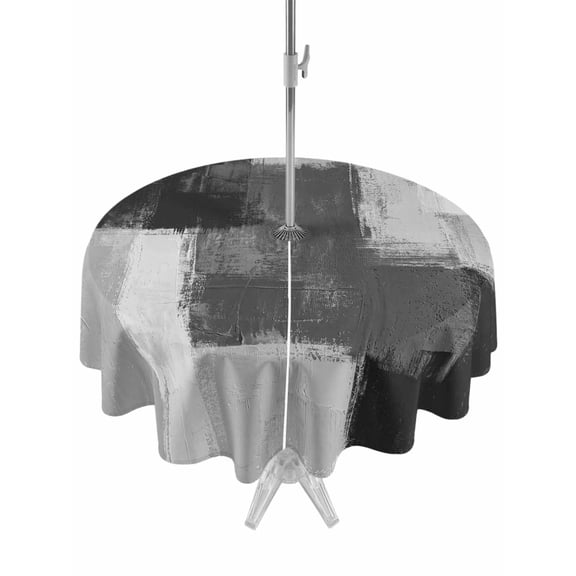 Outdoor Tablecloth with Umbrella Hole for Patio/Picnic/Party/Camping, Black Abstract Waterproof Table Cloth Round Cover Washable, Grey Geometric Oil Painting Vintage Ombre (Dia 54")
