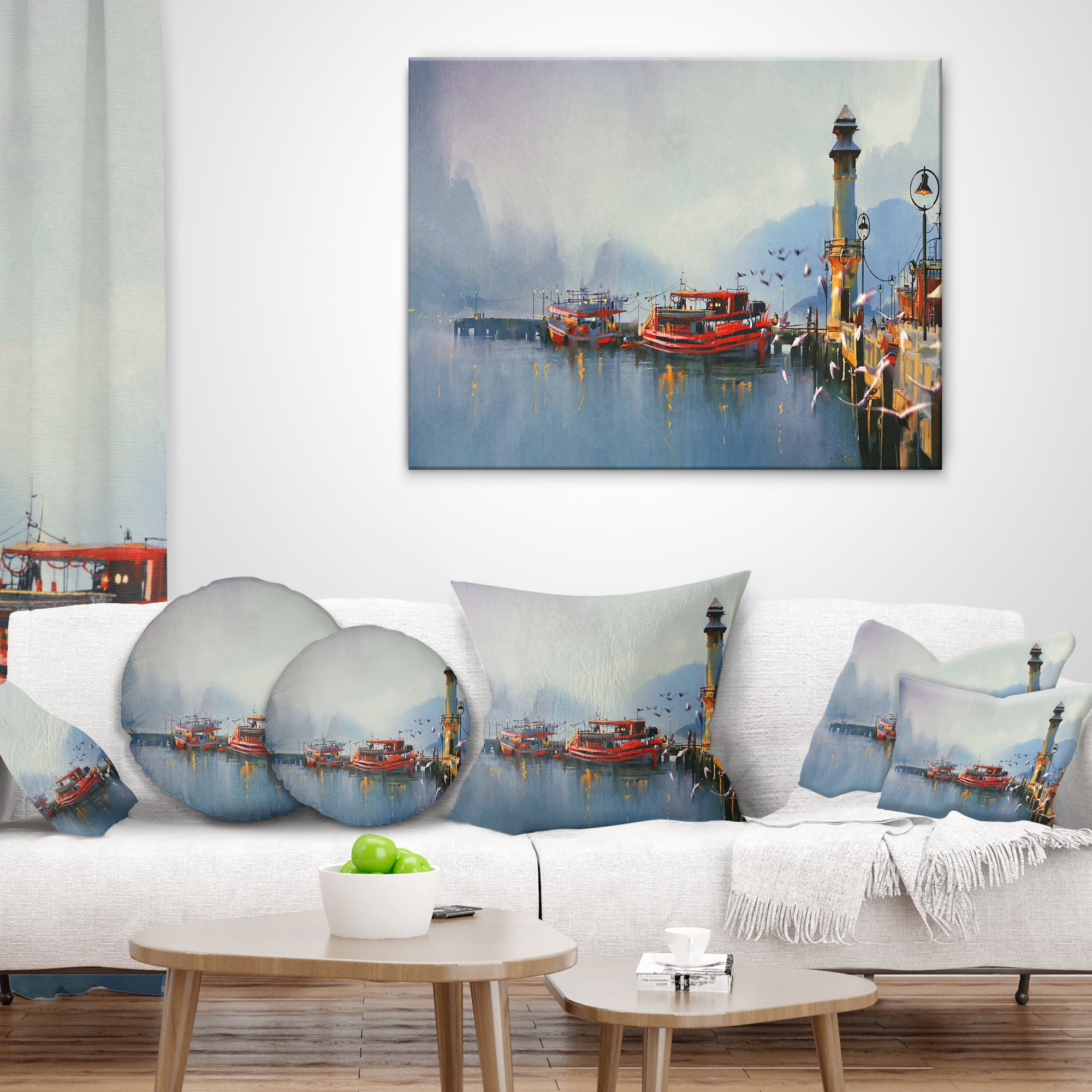 Designart Fishing Boats in Harbor - Landscape Painting Throw Pillow - 18x18