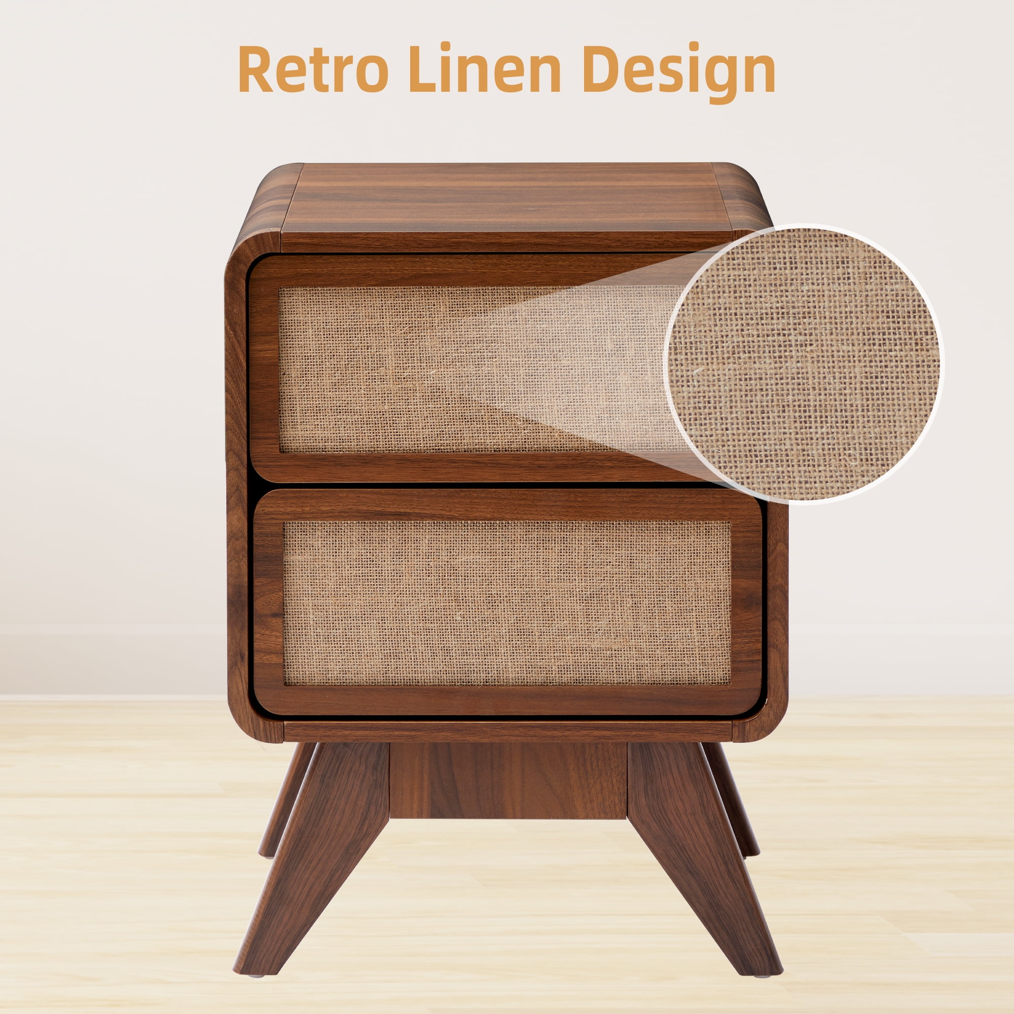 YOCWO Linen Nightstand with 2 Drawer for Bedroom, Mid Century Bedside Table with Curved Edges, Walnut, 15.75"W, 21.66"H