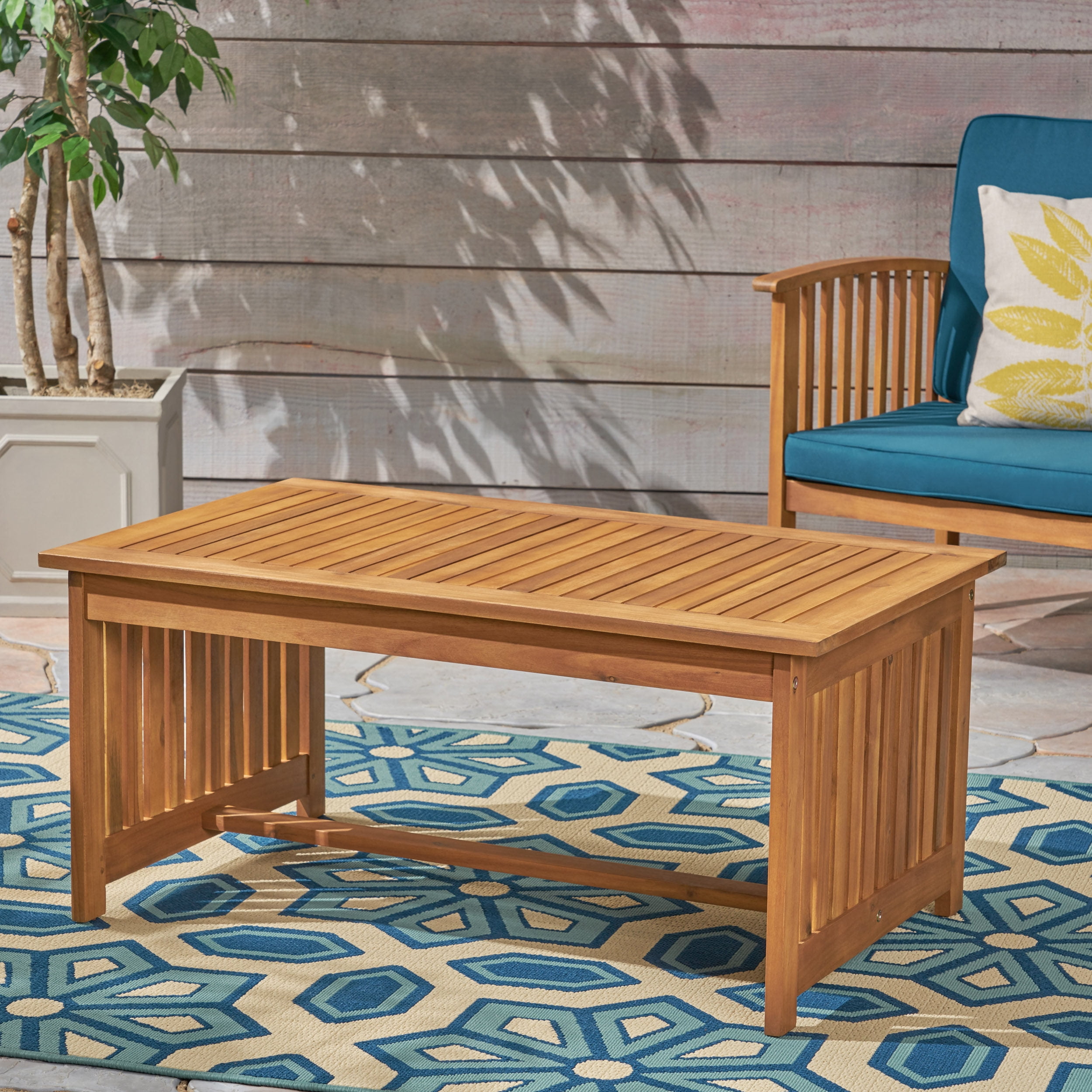 Outdoor Coffee Table, Solid Acacia Wood Center Table for Patio Garden, Teak