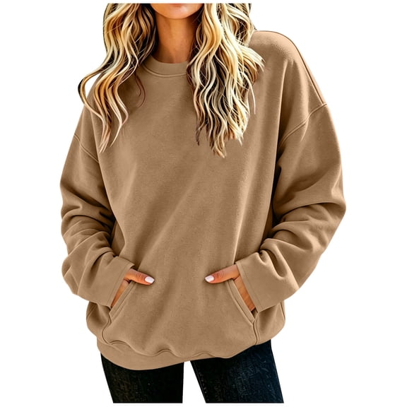 Jaunzuar Crewneck Sweatshirts Women Solid Color Pullover Sweatshirts Casual Fleece Soft Sweat Shirts with Pockets L