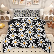 Homewish Black White Flower Full Size Comforter Sets for Kid, Groovy Daisy Floral Bedding Comforter Set, Kawaii Cartoon Theme Reversible Bedding Sets, Breathable Home Decor, 3-Piece
