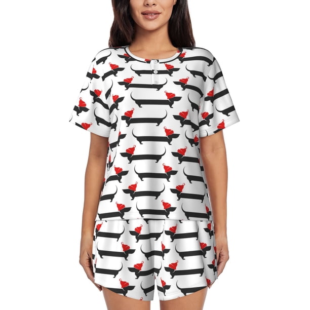 Fotbe Christmas Dachshund Conjunto de Pijama Estampado para Mujer, 2 Piezas, Ropa de Dormir con Camiseta de Manga Corta y Shorts Suaves-Medium