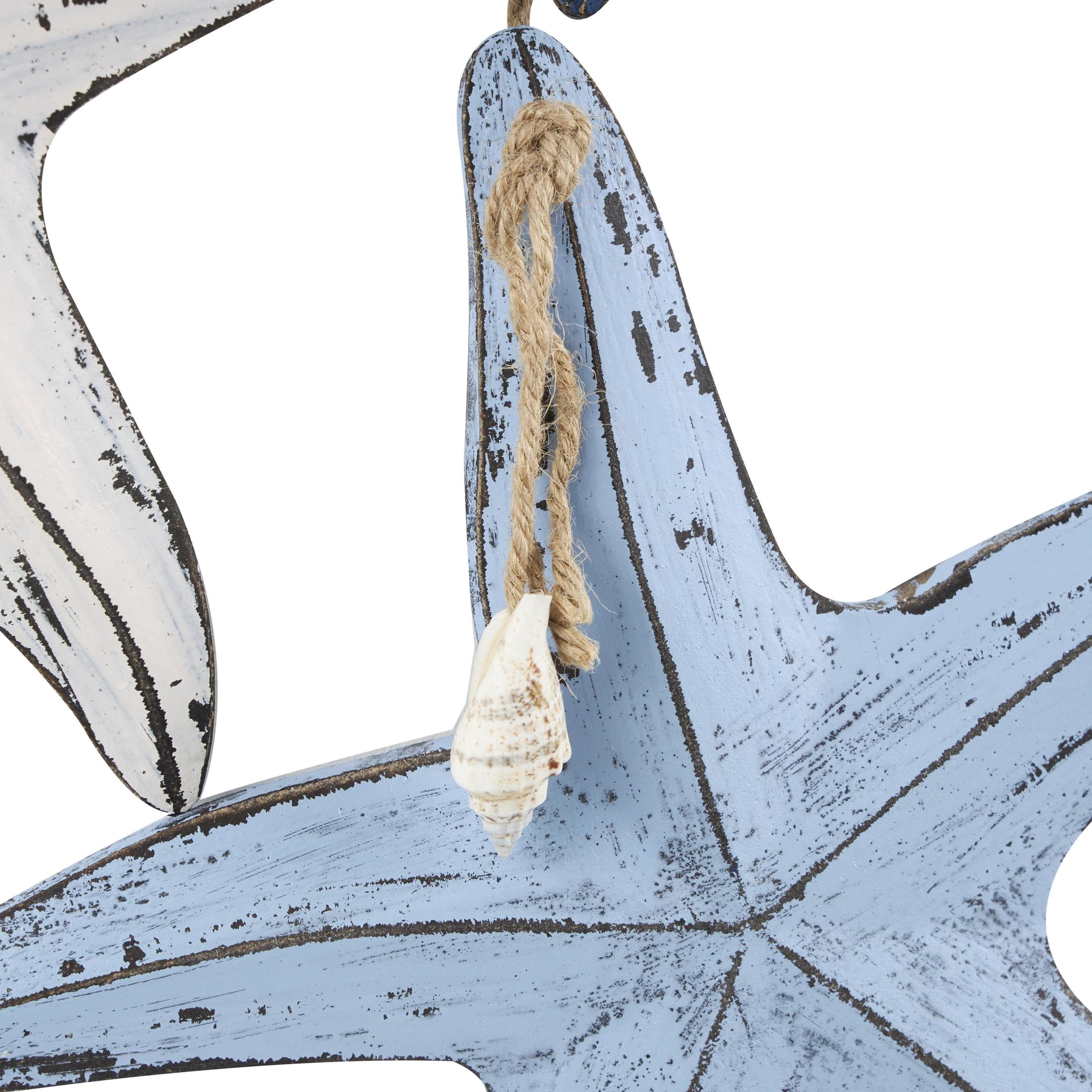 DecMode Blue Wooden Distressed Layered Starfish Wall Decor with Hanging Rope and Decorative Shell Accents