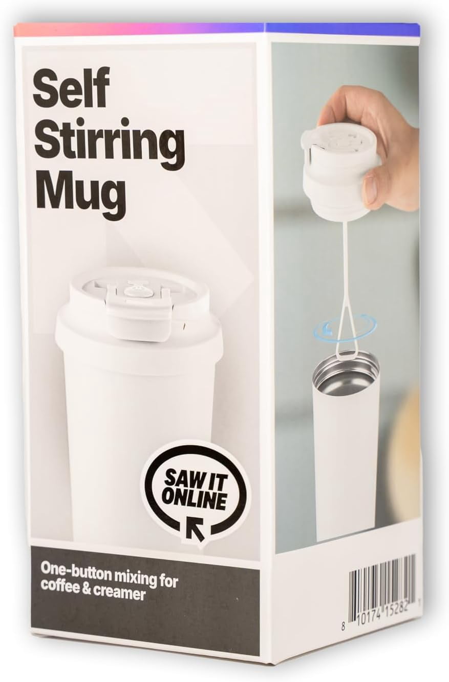 White Automatic Self-Stirring Coffee Mug with Lid, Battery Powered - Ideal for Coffee, Tea & Hot Chocolate