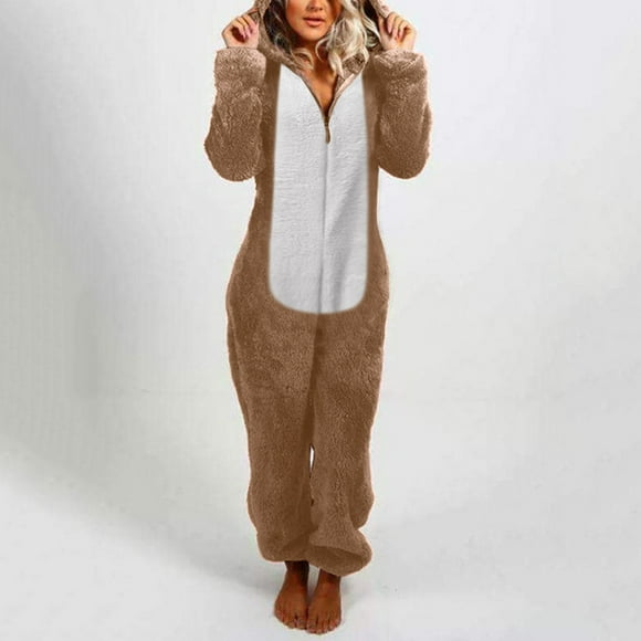 jsaierl Pajamas for women Plus Size, Fleece Pajamas for Women Winter Warm Onesie Hooded Romper Jumpsuit Loungewear Pjs Zip-Up Sleepwear