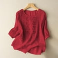 thumbnail image 2 of Pxiakgy Linen Tops for Women Loose Fit Casual Solid Color Pleated Cotton and Linen Tops Shirts and T Shirts Women's Cotton Linen Embroidered Retro Crew Neck 3/4 Lantern Sleeve Tops Tunic Blouse Red M, 2 of 8